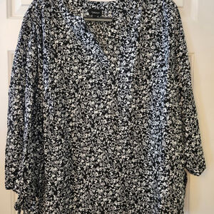 Jones New York Jones & Co Floral V-Neck Blouse 3X Black/White 3/4 Sleeve Rayon